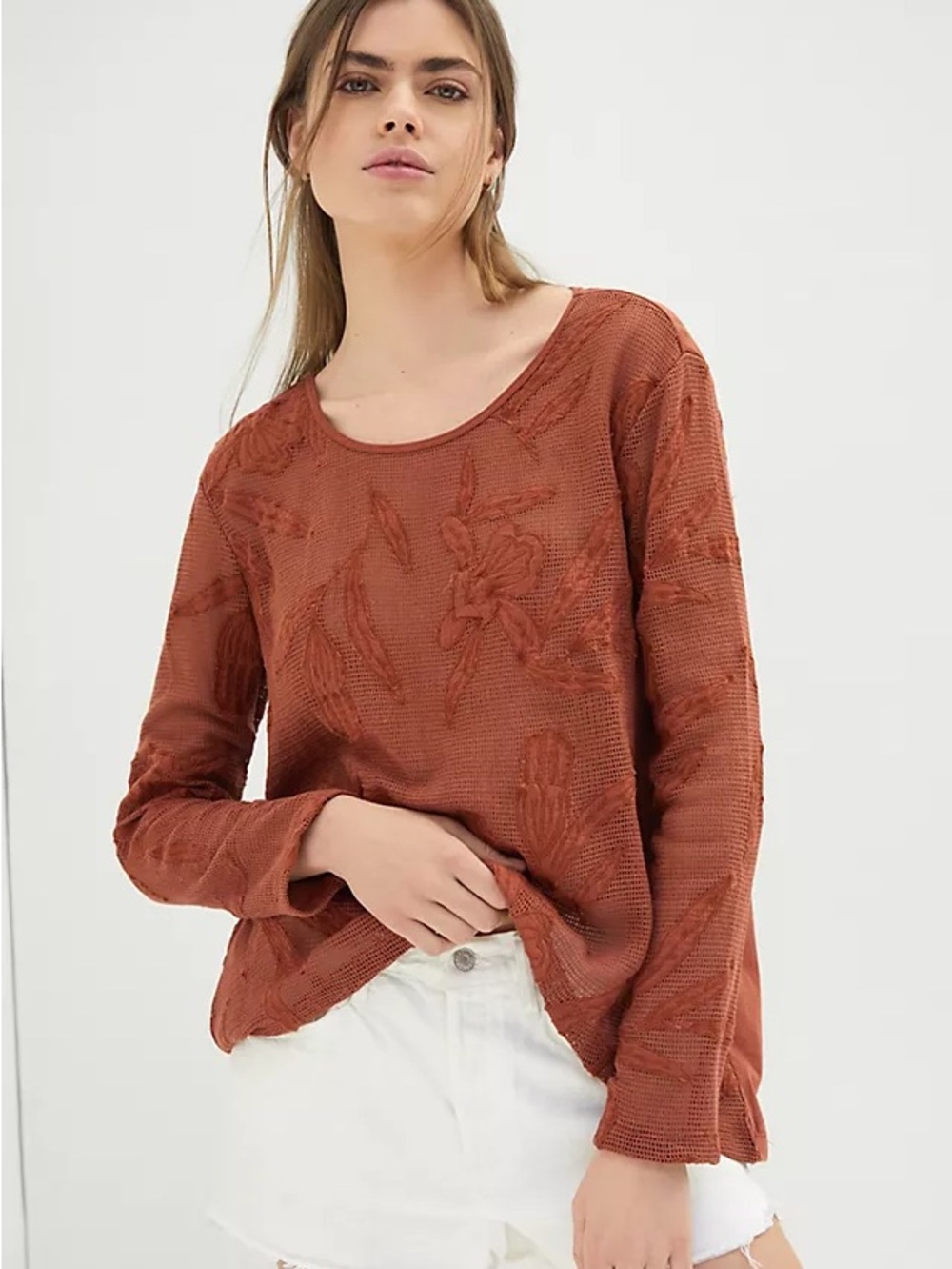 Anthropologie Rust Textured Floral Long Sleeve Tee EUC